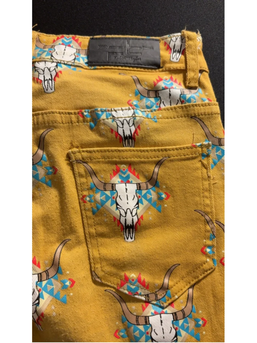 Fallon Taylor Mustard Yellow Western Bull Skull Print Flare Jeans Size 28